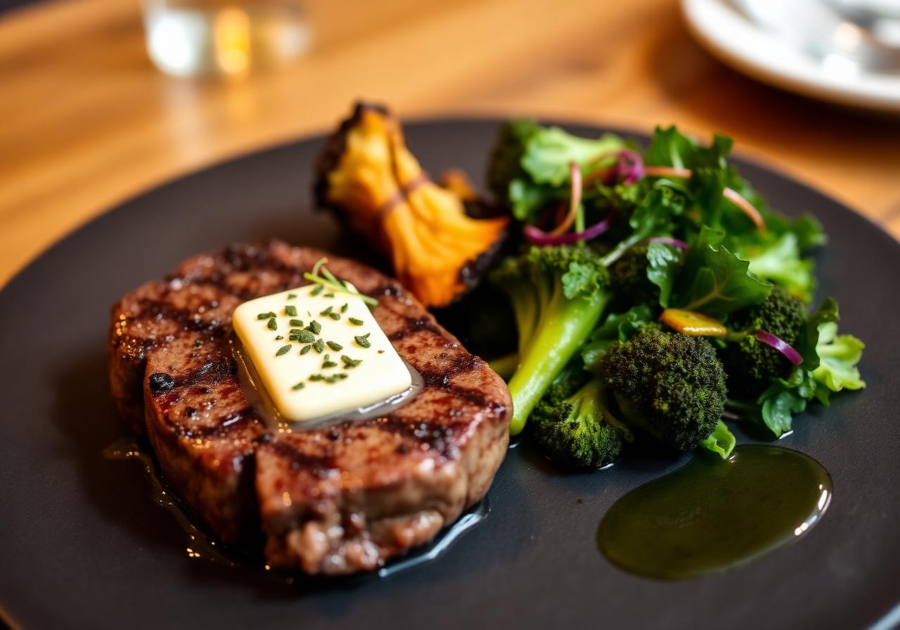 Pan-seared steak with herb butter, roasted broccoli, and a fresh green salad on a slate plate