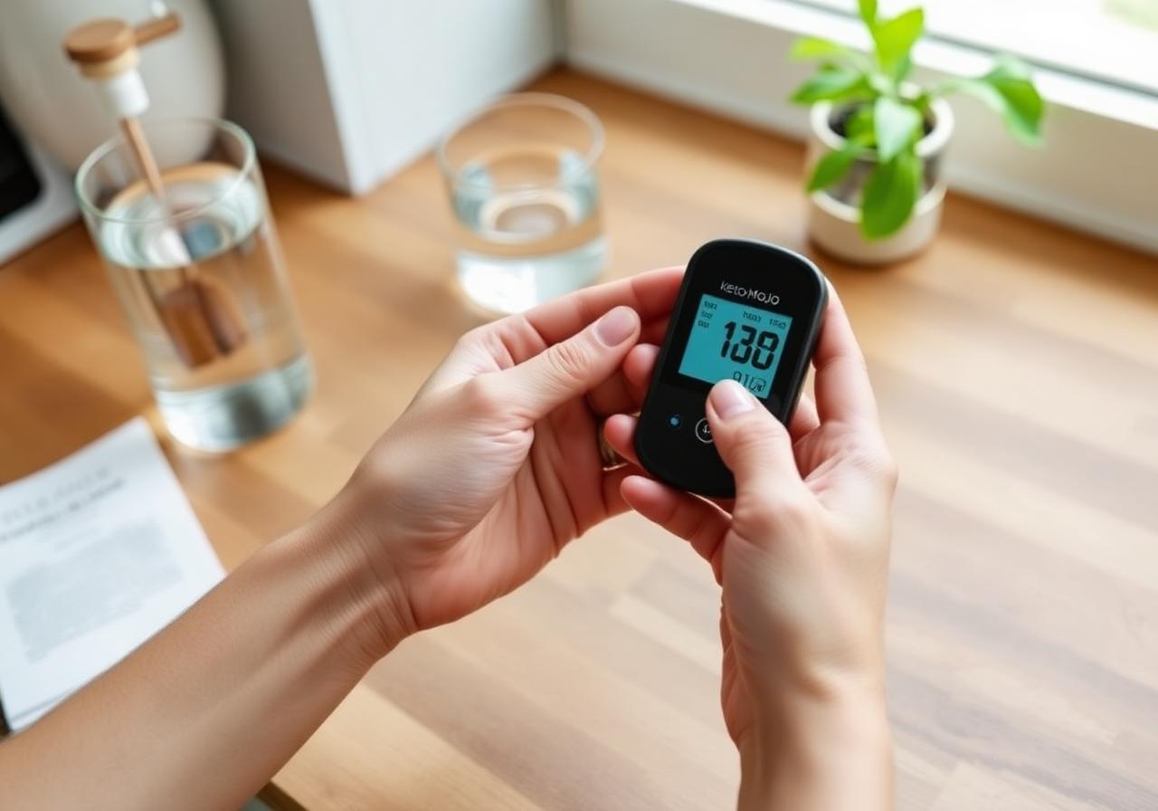 Person measuring blood glucose and ketones with a handheld meter