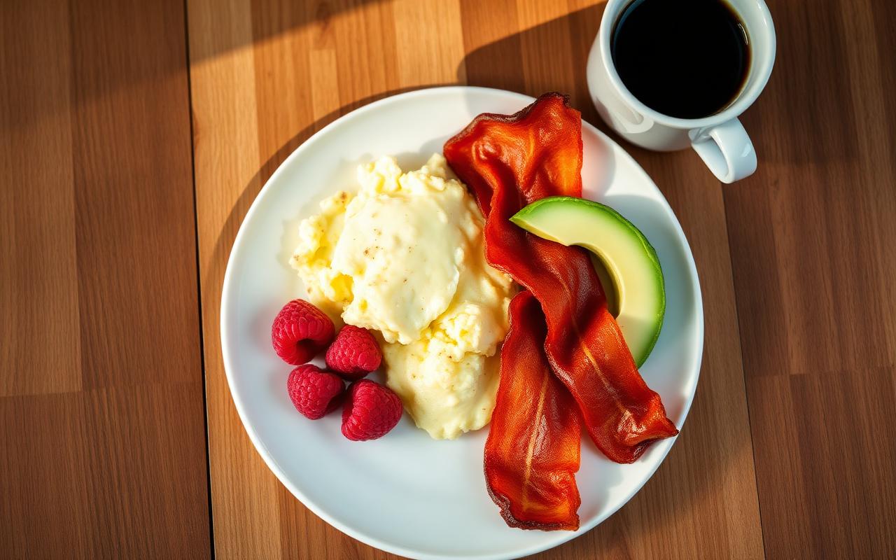 Plate of scrambled eggs, crispy bacon, sliced avocado, and raspberries with a cup of black coffee