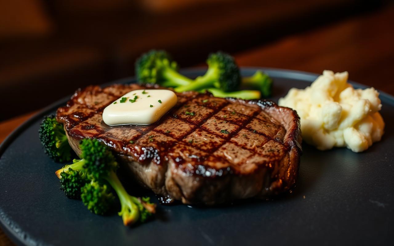 Pan-seared ribeye steak with herb butter melting on top, served with roasted broccoli and cauliflower mash