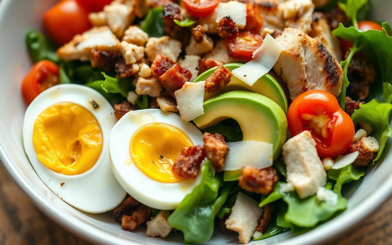 Big chef salad bowl with grilled chicken, hard-boiled eggs, bacon, avocado, cherry tomatoes, and shaved parmesan