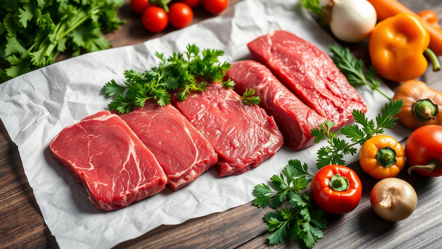 Raw cuts of beef arranged with fresh vegetables and herbs