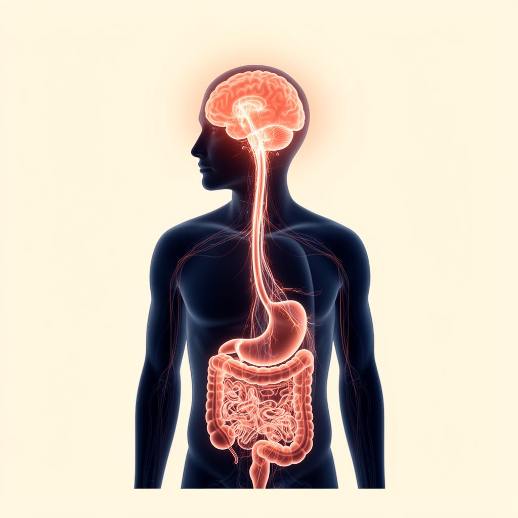 Illustration showing the brain–body connection: glowing pathways linking the gut and bloodstream to the brain
